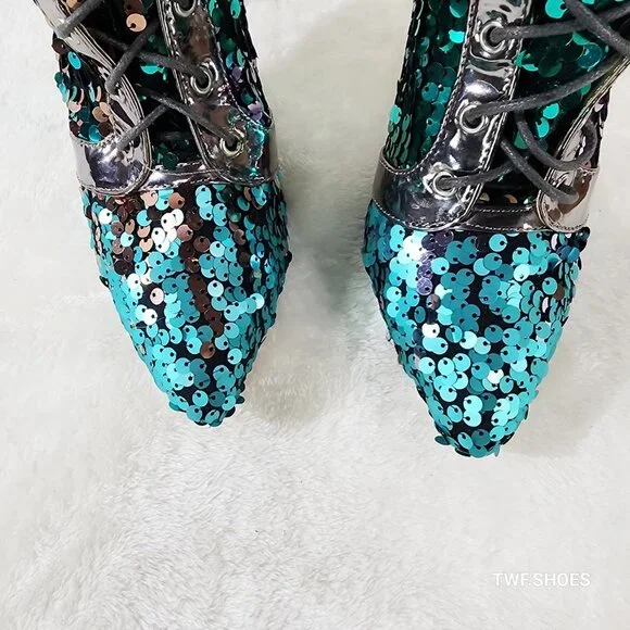 Over the Knee Thigh High Lace Up Stiletto Heel Sequin Boots Pewter - Picture 9 of 11